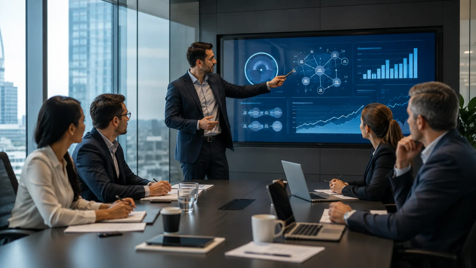 Equipo de trabajo colaborando con herramientas digitales en una oficina moderna.