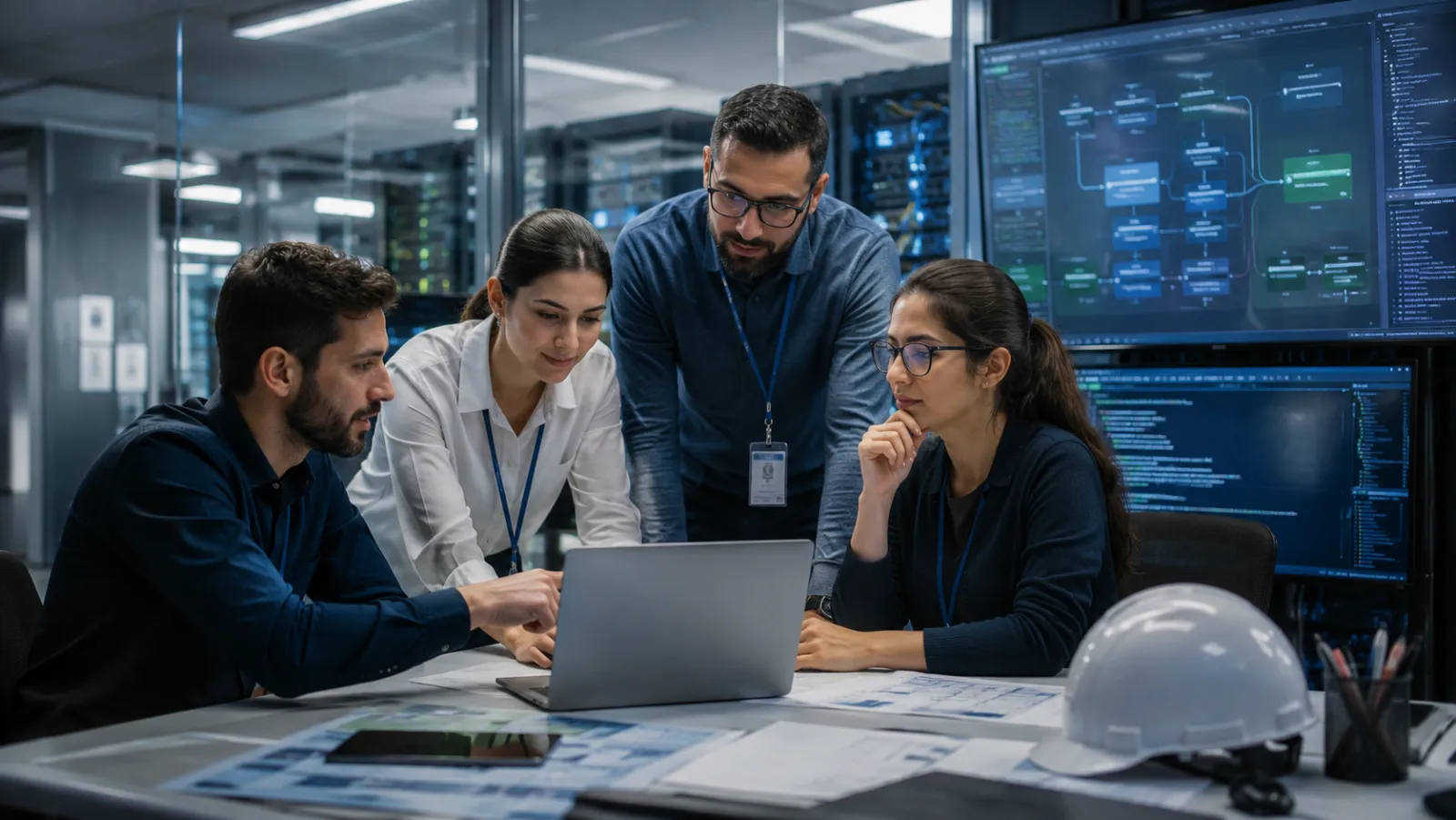 Reunión de implementación de un proyecto tecnológico entre el cliente y el equipo de ejecución.