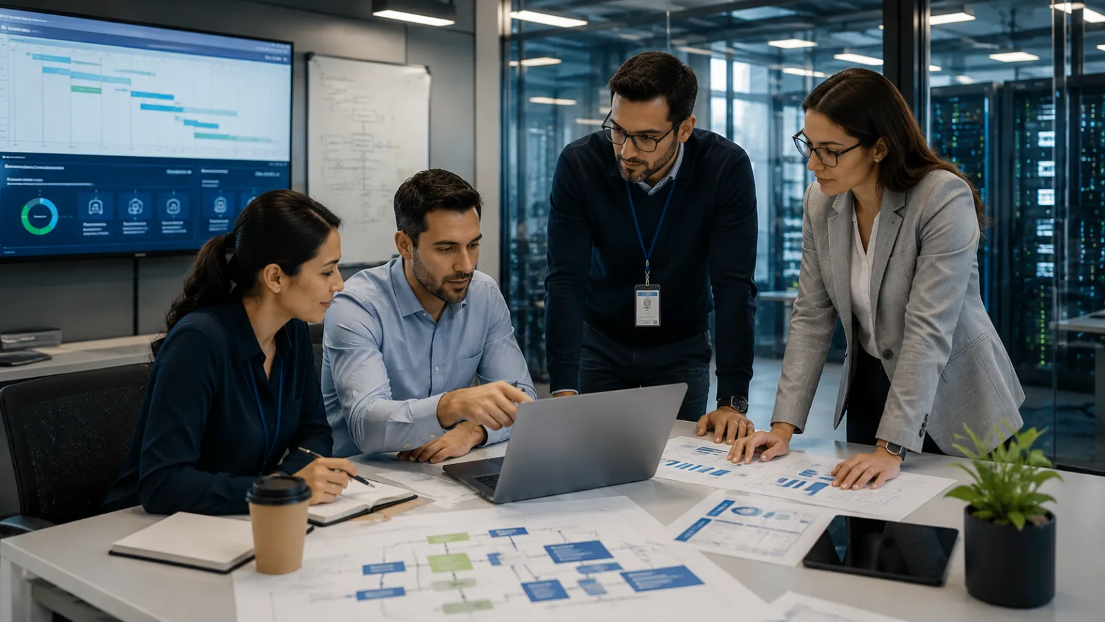 Equipo revisando avances del proyecto y coordinando una implementación tecnológica.