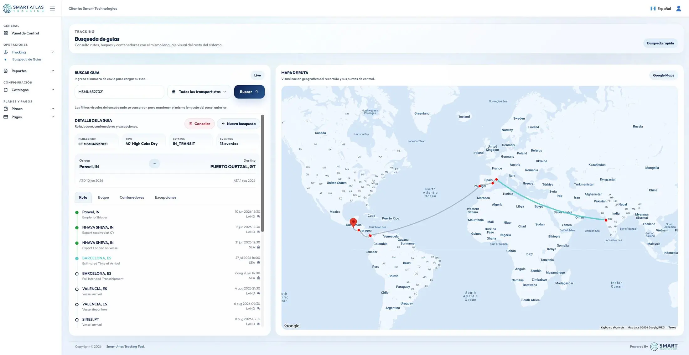 Vista de listado de Atlas con contenedores, BL y contexto de seguimiento logístico.