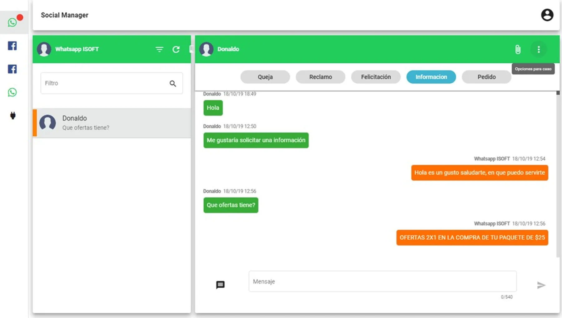 Vista de conversación digital en Smart BOT.