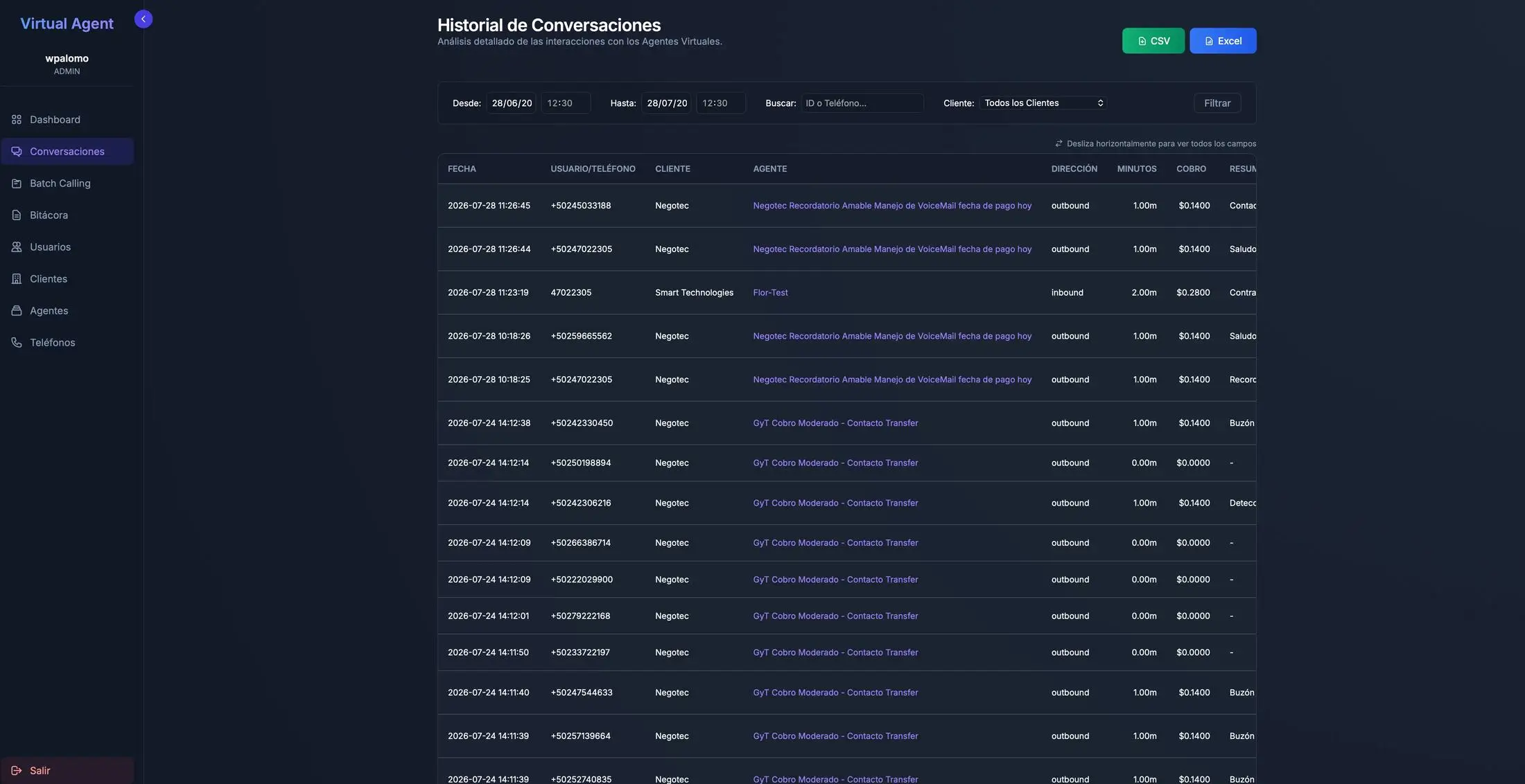 Vista de listado y monitoreo operativo de Agente Virtual AI.