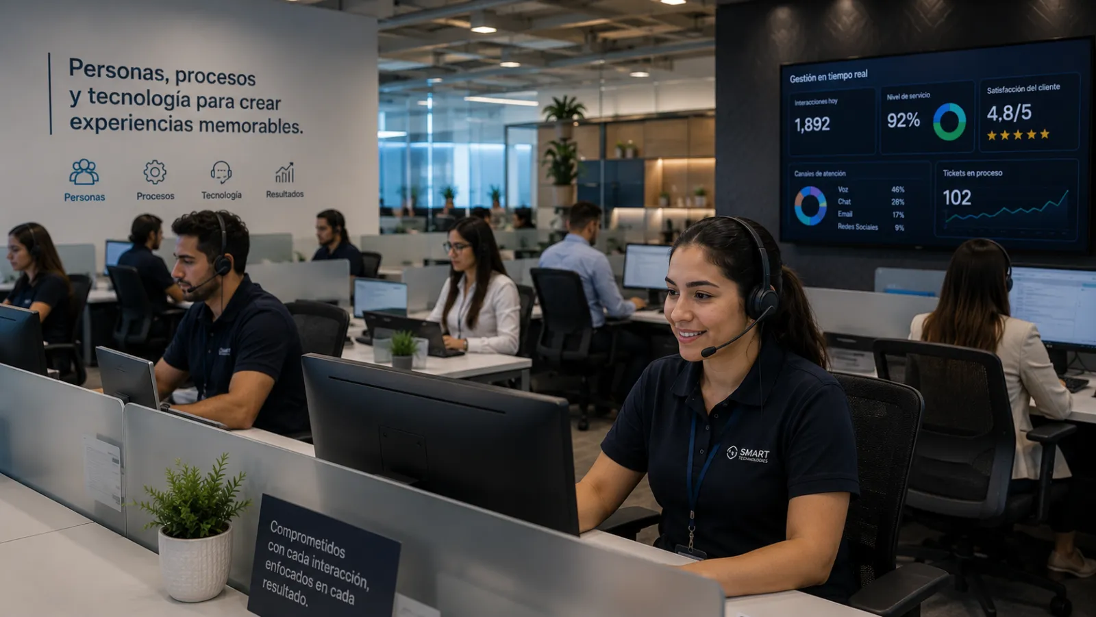 Equipo moderno de soporte y operaciones colaborando en un entorno profesional.