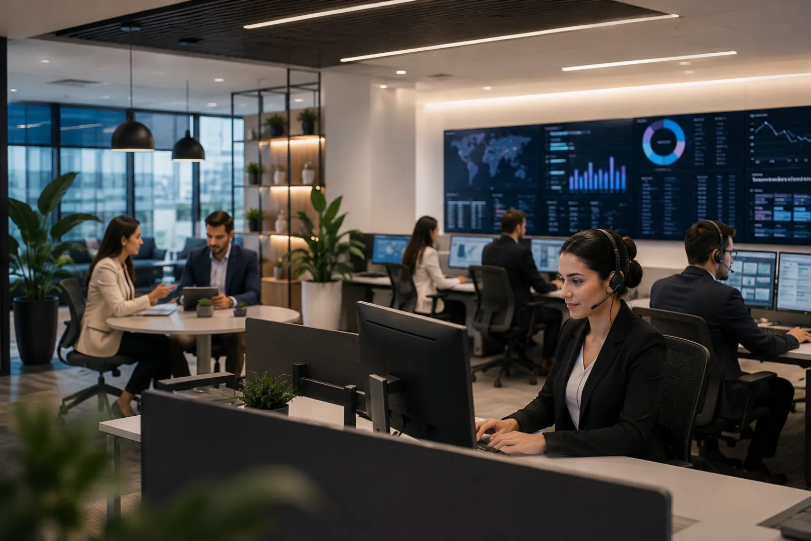 Equipo especializado monitoreando solicitudes y atendiendo usuarios en una oficina moderna.